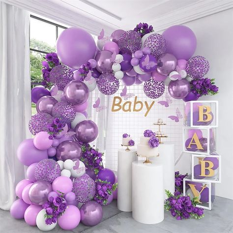 Butterfly Baby Shower Decorations, Purple Balloon, Butterfly Baby Shower Theme, Butterfly Balloons, Purple Confetti, Baby Shower Purple, Wedding Shower Decorations, Purple Balloons, Purple Birthday