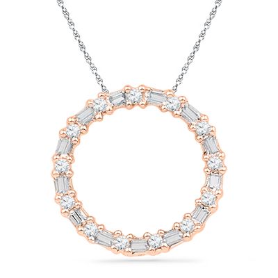 1/5+CT.+T.W.+Baguette+and+Round+Diamond+Circle+Pendant+in+10K+Rose+Gold Diamond Circle Pendant, Diamond Pendants Designs, Dainty Diamond Necklace, Pendant Sets, Diamond Pendants, Diamond Jewelry Necklace, Diamond Solitaire Necklace, Peoples Jewellers, Circle Diamond