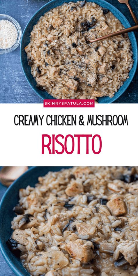 Creamy risotto with chicken and mushrooms pin Creamy Chicken Risotto, Mushroom Asparagus Risotto, Risotto With Chicken, Risotto Recipes Chicken, Creamy Risotto, Chicken And Mushrooms, Healthy Low Fat Recipes, Creamy Mushroom Chicken, Cauliflower Risotto