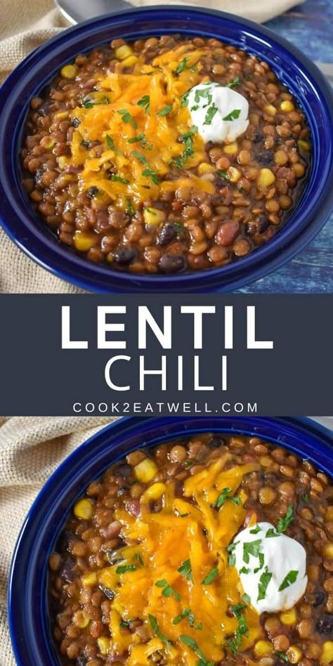 This lentil chili is a different take on a Fall classic. I’m always looking for new ways to cook lentils, and this one’s a hit at my house. In this recipe, lentils, onions, garlic, diced tomatoes, red and black beans are cooked in a tex-mex inspired seasoned broth. This is a filling and delicious non-conventional chili. #lentils #lentilchili #lentilrecipes Chili With Lentils, Recipe Lentils, Lentil Chili Recipe, Cook Lentils, Vegetarian Slow Cooker, Lentil Chili, Chipotle Chili Powder, Lentil Dishes, Chipotle Chili