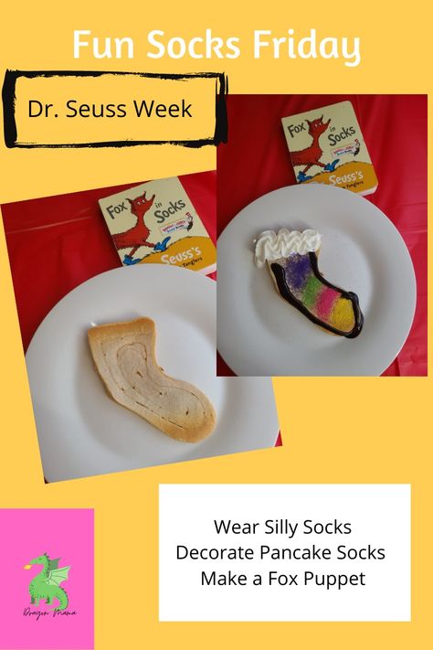 Dr. Seuss Week theme, Fun socks Friday for Fox in Socks. Wear silly socks, decorate pancake socks, make a Fox puppet. Fox In Socks Snack, Fox Puppet, Fox In Socks, How To Make A Paper Bag, Fox Socks, Dr Seuss Week, Silly Socks, Sock Puppets, Fun Socks