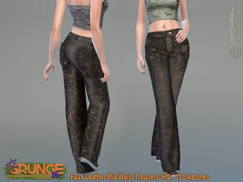 The Sims Resource - Grunge Faux Leather Mid Waist Trousers Sims 4 Cc Women, Women Grunge, Athletic Crop Top, Los Sims, Wrap Mini Skirt, Sims 1, Sims4 Cc, Female Clothing, Sims 4 Clothing