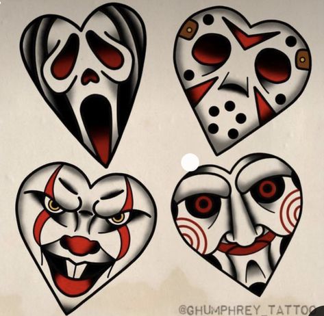 Horror Movie American Traditional Tattoo, American Traditional Ghostface Tattoo, Traditional Style Horror Tattoo, Traditional Ghost Face Tattoo, Halloween Elbow Tattoo, Halloween Tattoo Ideas Horror Movies, Traditional Tattoo Horror, Saw Tattoo Horror, Horror Movies Tattoos