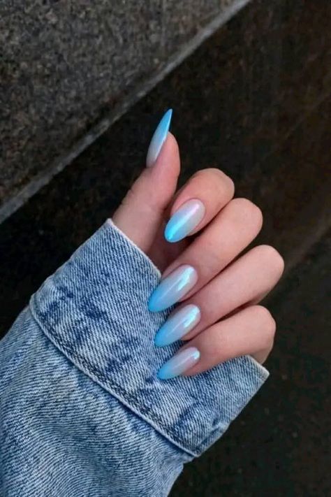 Blue Nail Ombre, Blue Crome Nails Almond, Light Colour Nails, Nude Blue Nails, Blue Tip Acrylic Nails, Summer Nails Dark, Maldives Nails, Baby Blue Nails Ideas, Nails Baby Blue