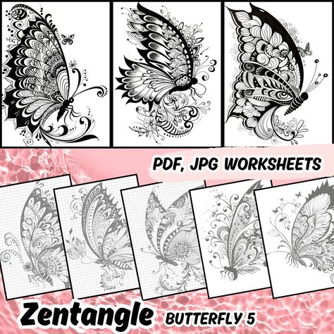 Zentangle Patterns: Explore Black Butterfly Designs, Butterfly Zentangle, Doodle Coloring Pages, Zentangle Magic Moments, Worksheets Bundle Zentangle Birds, Zentangle Butterfly, Doodle Coloring Pages, Zentangle Coloring Pages, Zentangle Flowers, Art Papillon, Zentangle Doodle, Zentangle Tutorial, Butterfly Designs