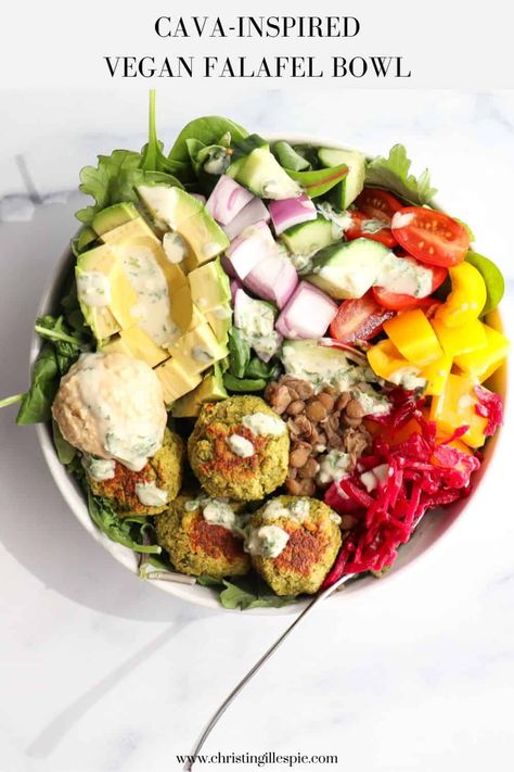 This Cava-Inspired Vegan Falafel Bowl recipe embodies all the flavors from the Mediterranean food chain, but in a more nutritious form. A copycat Cava bowl recipe featuring fresh veggies, cooked lentils, homemade falafels, diced avocado, creamy hummus, and a lemon herb tahini dressing. It’s a healthy vegan falafel bowl recipe that is perfect for a night in & meal prep approved. Lemon Herb Tahini Dressing, Cava Bowl Recipe, Falafel Bowl Recipe, Copycat Cava, Chickpea Recipes Dinner, Cava Bowl, Chickpea Recipes Healthy, Cholesterol Friendly Recipes, Chickpea Recipes Easy