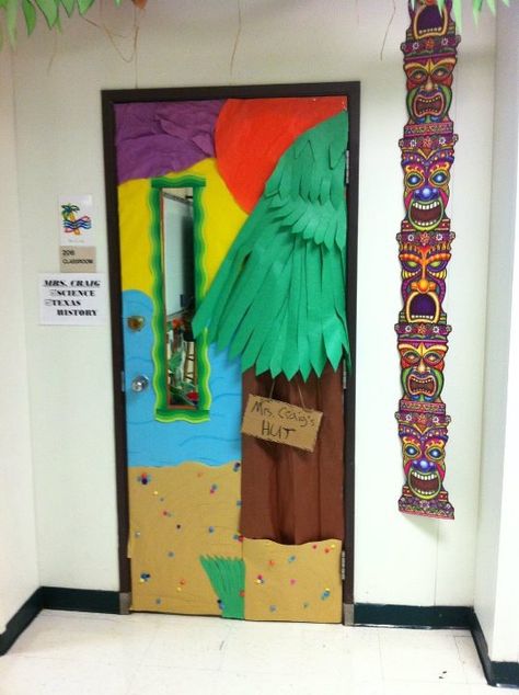 An Hawaiian village hut door | Classroom theme | Classroom decor | Classroom door ideas | Tiki hut Village Hut, Christmas Bulletin Board Ideas, Teacher Appreciation Door Decorations, Door Classroom, Hawaii Crafts, Teacher Door Decorations, Teacher Appreciation Doors, Hawaiian Crafts, Hawaii Theme