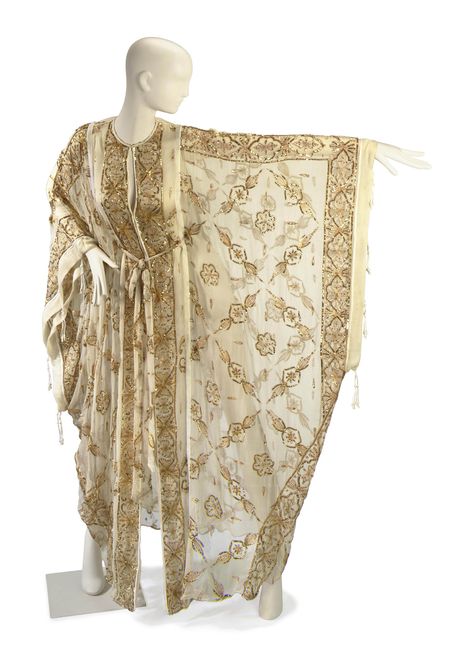 A THEA PORTER CREAM CHIFFON SEQUINNED AND EMBROIDERED CAFTAN WITH MATCHING TIE BELT | LABELED 'THEA PORTER COUTURE', CIRCA 1978 | 1970s, Textiles & Costume | Christie's Elizabeth Taylor Fashion, Thea Porter, Kaftan Pattern, Embroidered Caftan, 15 December, Trendy Fashion Tops, Cream Silk, Sequins Embroidery, Elizabeth Taylor