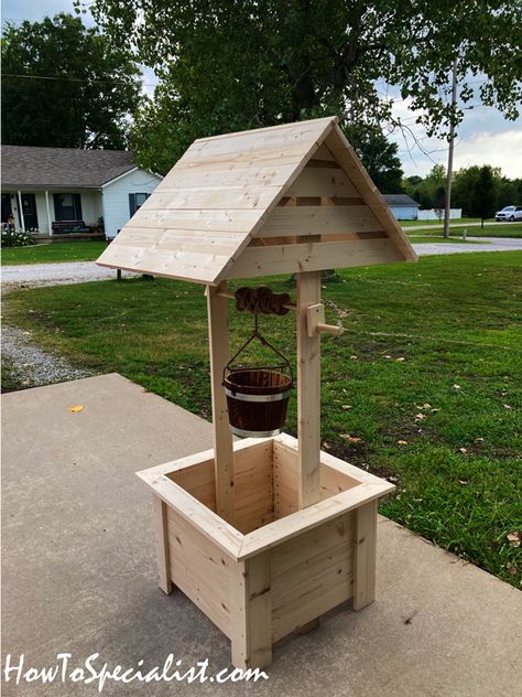 Outdoor Wishing Well – DIY Project | HowToSpecialist - How to Build, Step by Step DIY Plans Wishing Well Planter Plans, How To Build A Well, Diy Wishing Well Planter, Diy Wishing Well Plans, Well Decoration Ideas, Outdoor Wishing Well, Wishing Well Diy, Wishing Well Ideas, Diy Wishing Well