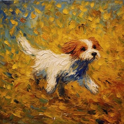 Impressionist Paintings Animals, Dog Oil Painting, Animal Impressionist Painting, Yorkie Oil Painting, Post Impressionism Art, Dog In Field Painting, French Artwork, Dog In Flower Field Painting, Impressionist Dog Paintings