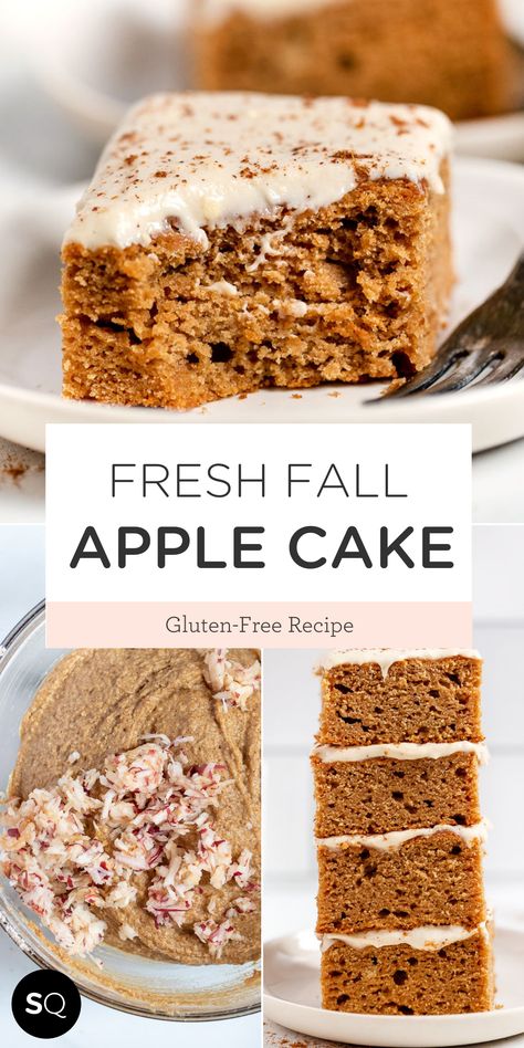 This Gluten-Free Apple Cake is flavorful, moist, and easy to make with fresh fall apples. It's also gluten-free, dairy-free, refined-sugar-free, and made with wholesome, healthy ingredients. Like any good apple cake, it’s super moist and full of cozy fall flavors thanks to a generous addition of cinnamon and an irresistible vegan maple frosting. The perfect sweet treat! Gluten-Free Fresh Apple Cake | Healthy Dessert Recipes | Simply Quinoa Apple Cake Healthy, Dairy Free Cream Cheese Frosting, Gluten Free Apple Cake, Healthy Cream Cheese, Homemade Gluten Free Bread, Moist Apple Cake, Apple Cinnamon Cake, Maple Frosting, Fresh Apple Cake