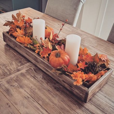 80+ Fun and Frugal DIY Dollar Store fall centerpieces for table - Hike n Dip Fall Box Centerpieces For Table, Fall Leaves Centerpieces For Table, Ideas For Living Room Table Decor, Fall Wooden Box Centerpiece, Fall Candle Centerpieces Diy, Fall Centerpiece With Candles, Fall Rectangle Table Centerpiece, Atumm Decor, Harvest Centerpieces For Table