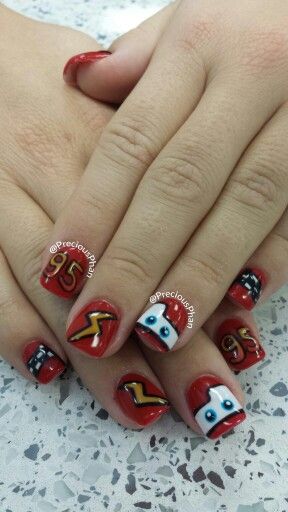 Cars, lightening mcqueen nails OMG @Kellie Dyne Leigh Cars Nails Disney, Lightning Mcqueen Nails, Cars Nails, Mcqueen Birthday, Disney Christmas Nails, Frozen Nails, Nail Vibes, Car Birthday Theme, Cars Party