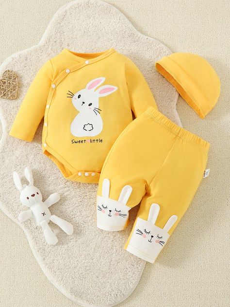 Yellow  Collar   Cartoon  Embellished Slight Stretch  Baby Girls Clothing Korean Newborn, Newborn Clothes, Rabbit Print, Baby Pajamas, Animal Cartoon, Baby Outfits Newborn, Print Pajamas, Girls Pajamas