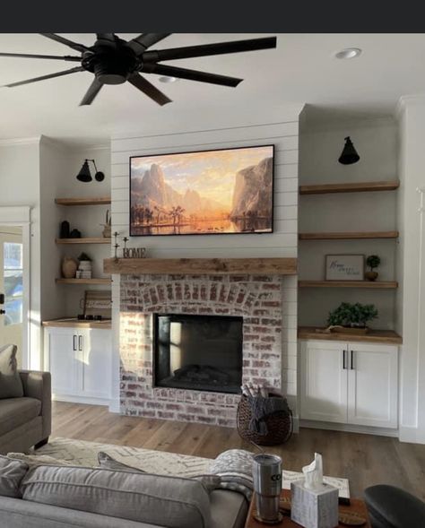 Brick And Shiplap, Built In Around Fireplace, Red Brick Fireplaces, Cabin Renovation, Brick Fireplace Makeover, Fireplace Built Ins, Family Room Fireplace, French Country Living Room, Farmhouse Fireplace