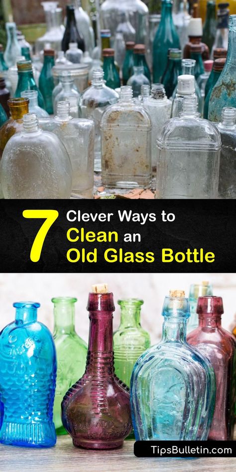 Clean glass bottles are great for reuse and recycling, but how do you get an antique bottle, water bottle, spray bottle, or a set of glass jars squeaky clean? Discover the best bottle cleaning tricks in this article. Go beyond the bottle brush with this tutorial. #clean #glass #old #bottles Glass Cleaning Bottles, Glass Bottle Diy Projects, New Bedroom Ideas, Cozy Cubicle, Blob Mirror, Old Milk Bottles, Perfect Laundry Room, Antique Medicine Bottles, Old Medicine Bottles