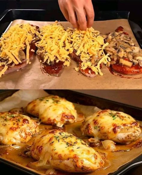 Air Fryer Recipe For Beginners | Baked Chicken with Mushrooms and Cheese | Facebook Baked Chicken With Mushrooms, Creamy Chicken Spaghetti Recipe, Macaroni Soup Recipes, Baked Chicken And Mushrooms, Chicken Fillet Recipes, Fillet Recipes, Cheesy Baked Chicken, Chicken With Mushrooms, Chicken Fillets