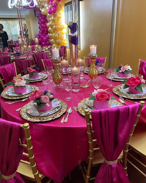 Purple And Fushia Wedding, Hot Pink And Gold Table Decor, Fushia Party Theme, Gold And Fuschia Party, Hot Pink And Gold Quinceanera Decorations, Hot Pink And Gold Party Ideas, Fuschia Black And Gold Party, Magenta And Gold Party, Fushia Quinceanera Decorations