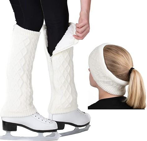 CRS Cross Leg Warmers and Headband Set for Figure Skating. Zipper Easy On / Off. Warm Knit Fleece Lined - White Short at Amazon Women’s Clothing store Cable Knit Leg Warmers, Knit Leg Warmers, Matching Headband, Short Legs, White Short, Socks And Hosiery, Amazon Women, Winter Wear, Figure Skating