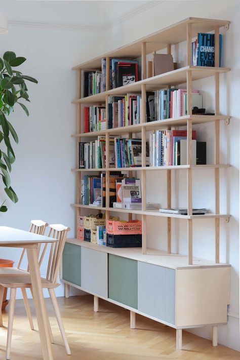 House of Lozi - Beatrice, London, N16 - Lozi - Bespoke Plywood Furniture Plywood Bookshelves, Plywood Bookshelf, Plywood Sideboard, Plywood Bookcase, Freestanding Bookshelf, Plates And Cutlery, Alcove Storage, Sideboard Sliding Doors, Plywood Storage