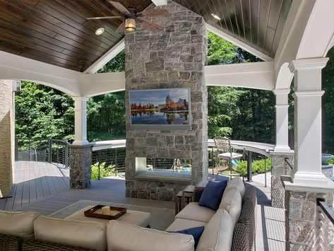 Deck & Patio Masonry Features: Stone Walls, Columns, Outdoor Kitchen Tv Deck, Outdoor Television, Tv Ideas, Screened Porches, Vintage Porch, Masonry Work, Grill Area, Covered Deck, Deck Designs Backyard