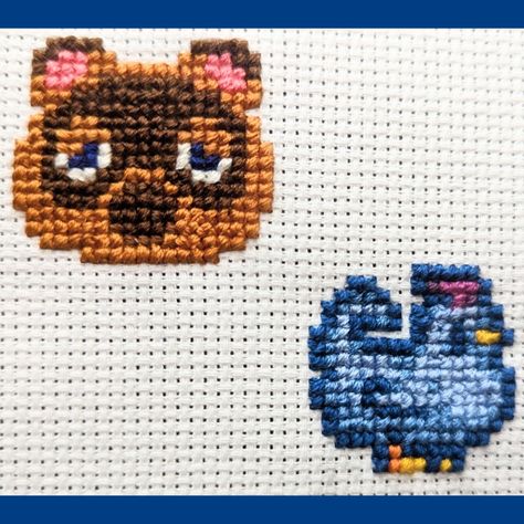 Cross stitching based on cute games. Animal Crossing Tanuki raccoon "Tom Nook", and a blue chicken with a curly tail, from Stardew Valley. Cross Stitch Patterns Animal Crossing, Animal Crossing Cross Stitch, Stardew Valley Cross Stitch, Animal Crossing Tom Nook, Punch Needling, Tom Nook, Blue Chicken, Diy Perler Bead Crafts, Diy Perler Beads