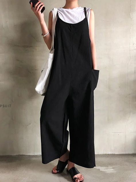 Black&Khaki Casual Spaghetti-Neck Loose Wide-Leg Overalls Batwing Sleeve Shirt, White Long Sleeves, Black Overalls, Loose Shirts, Black Khakis, Jumpsuit Fashion, Cardigan Tops, Cotton Style, Flared Sleeves