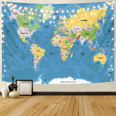 KYKU Map of the World Wall Tapestry World Map Tapestries Globe Decorations Party Travel Theme Classroom Decor (51.2 x 59.1) Earth Decorations, World Map Bedroom, Geography Themes, Travel Theme Classroom, World Map Tapestry, Map Tapestry, World Tapestry, Tapestry Room, Small Tapestry