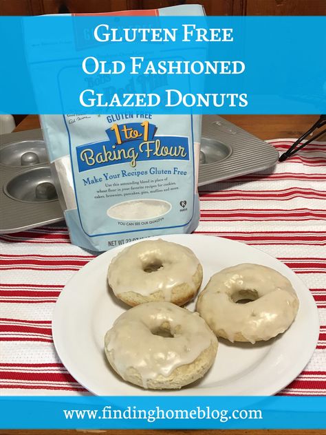 Close up on a plate of three glazed cake donuts. Behind is a package of Bob's Red Mill gluten free 1-to-1 baking flour and a donut pan. A banner across the top reads "Gluten Free Old Fashioned Glazed Donuts" Gluten Free Old Fashioned Donut Recipe, Gluten Free Donuts Baked, Gluten Free Donut Recipe, Waffle Snacks, Gluten Free Flour Recipe, Glazed Cake, Vegan Gluten Free Breakfast, Donut Pan, Cake Donut