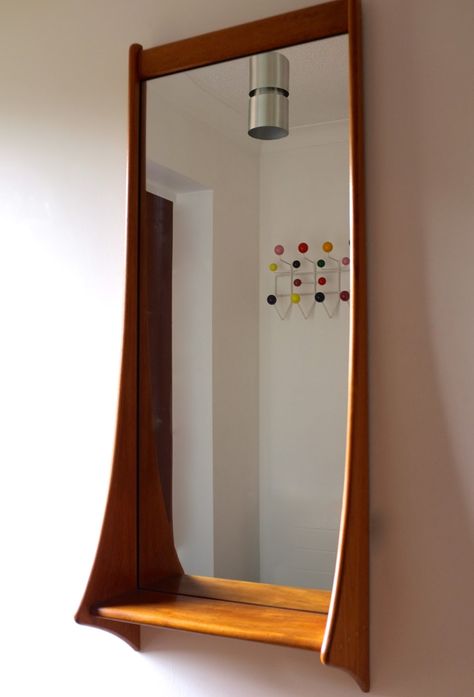 antikmodern: the shop: Danish entry mirror Wooden Frame For Mirror, Mirror Wood Design, Wooden Mirror Frame Design, Mirror With Wooden Shelf, Mirror Shelf Wood, Shelf Designs For Hall, Mcm Shadow Box Mirror, Bedroom Ideas For Small Rooms Diy, Mid Century Mirror