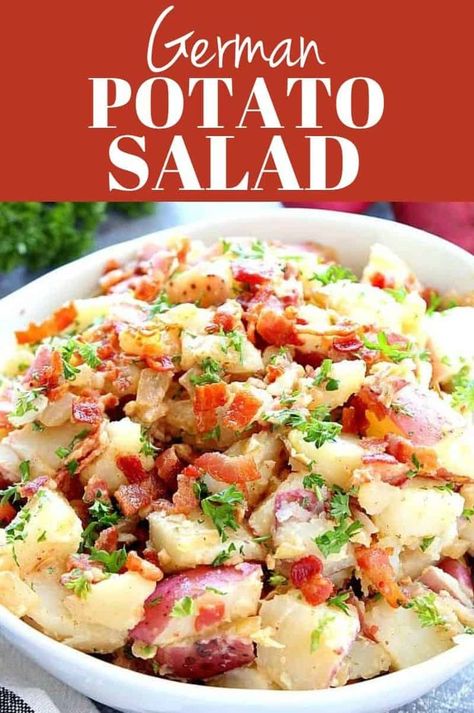 This German Potato Salad is made with warm red potatoes, crispy bacon and tangy mustard onion dressing. It makes for a perfect summer side dish! #salad #potatoes #sidedish Potato Salad With Bacon, German Potato Salad Recipe, German Food Authentic, Potatoes Recipes, German Potato, German Potatoes, German Potato Salad, Homemade Dressing, Best Side Dishes