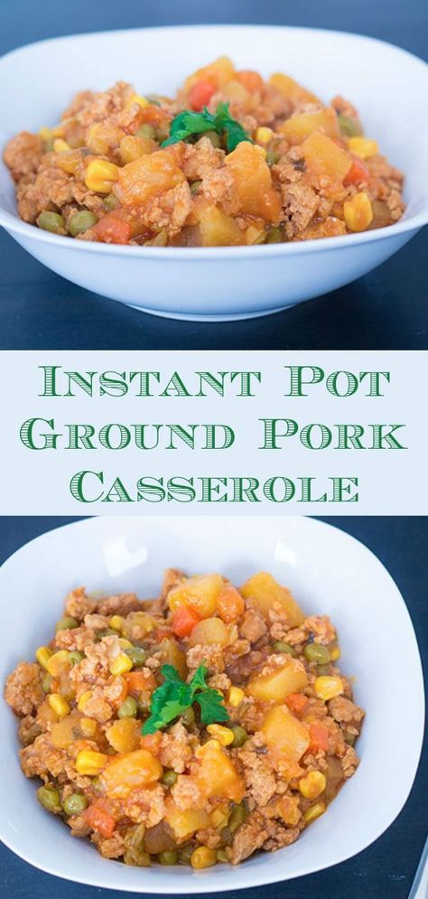 For a quick weekday meal, this Easy Instant Pot Ground Pork Casserole is a must-try! Great in the Instant Pot or the slow cooker, it's inexpensive and full of flavour. And it's ready in just 30 minutes! A kid-friendly and hearty supper. #instantpot #slowc Ground Pork Casserole, Pork Casserole Recipes, Pork Casserole, Ground Pork Recipes, Baby Recipes, Instant Pot Pork, Popular Food, Instant Recipes, Easy Instant Pot Recipes