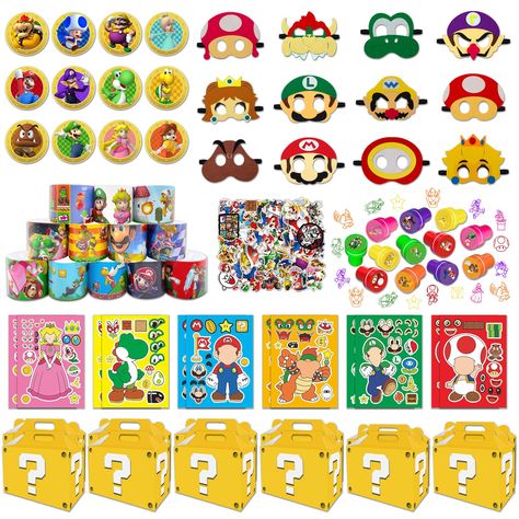 PRICES MAY VARY. Super Valued Package of Bulk Mario Toys: 12 Mario masks, 12 slap bracelets, 12 Mario stamps, 50 random Mario stickers, 12 make a Mario face stickers, 12 Mario favor boxes, 12 Mario button pins. Ideal presents and perfect party favors for kids in celebrations with Mario theme. Mario Party Supplies Made From Safe Materials: These Mario party favors are made from materials that meet US standards for children's toys, are safety tested, are made to be sleek to prevent scratching acci Mario Party Favors, Mario Kart Party, Nintendo Party, Prize Box, Super Mario Birthday Party, Birthday Goodie Bags, Carnival Prizes, Mario Birthday Party, Super Mario Birthday