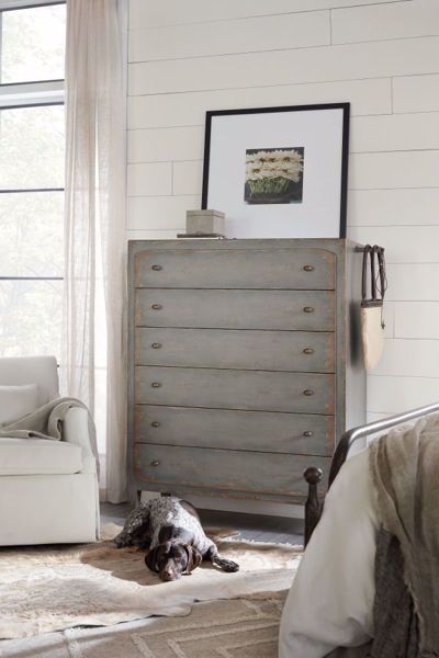 Inspired by European farmhouses, the 6-drawer Ciao Bella Chest reflects a simpler lifestyle. The Time Worn gray finish with multi-layer rub-through makes the chest look like it's been passed down through generations. A pull-out garment rod on either side of the case just above the top drawer provides a convenient space to hang frequently-used items or to lay out your clothes for early-morning departures. There's a drop-in felt liner in the top drawer, and the bottom drawer is cedar lined. Hooker Furniture Bedroom, Chest Drawers, Grey Drawers, European Farmhouse, Six Drawer Dresser, 6 Drawer Chest, Accent Chest, Tall Chest, Ciao Bella