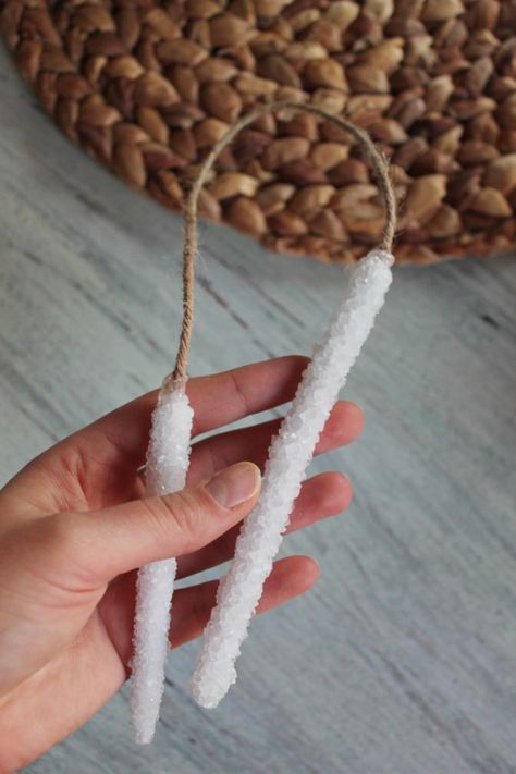 DIY Icicle Ornaments — Amanda Katherine Diy Icicle Ornaments, Christmas Crafts To Sell Handmade Gifts, Borax Crystals, Christmas Crafts To Sell, Icicle Ornaments, Navidad Diy, Crystal Ornament, Primitive Christmas, Handmade Christmas Ornaments