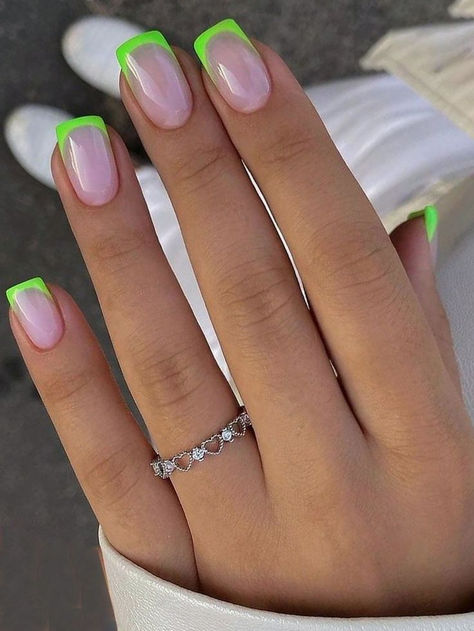 Simple Colored Nails, Natural Nail Length Designs, Mid Summer Nails, Short Square Acrylic Nails Summer 2024, Square Gel Nails Summer, Cute Summer Nails 2024 Simple, Square Acrylic Nails Summer, Neon French Tip Nails, Short Coffin Nails Designs