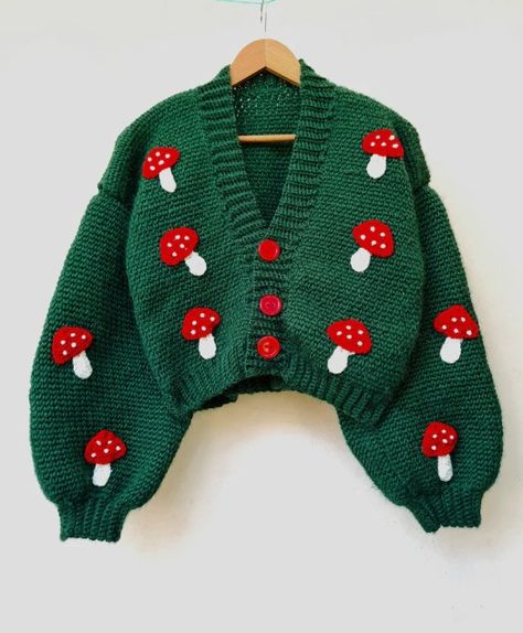 Crochet Cardigan Mushroom, Mushroom Sweater Crochet Pattern, Matching Set Crochet Pattern, Crochet Fruit Cardigan, Crochet Mushroom Sweater, Crochet Mushroom Top, Oversized Cardigan Crochet Pattern, Mushroom Crochet Pattern Free, Green Crochet Projects