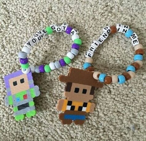 Toy story Rave Bracelets, Rave Kandi, Pony Bead Projects, Kandi Inspo, Diy Kandi Bracelets, Pony Bead Bracelets, Perler Creations, Diy Kandi, Monster Crafts