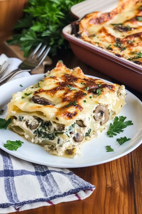 Creamy Mushroom and Spinach Lasagna Recipe - Best Vegetarian Comfort Food Creamy Spinach & Mushroom Lasagna, Vegetable Lasagna With Alfredo Sauce, Creamy Mushroom Lasagna, Creamy Spinach Mushroom Lasagna, Creamy Spinach And Mushroom Lasagna, Mushroom And Spinach Lasagna, Lasagna With White Sauce, Lasagna Verde, Lasagna With Ricotta Cheese