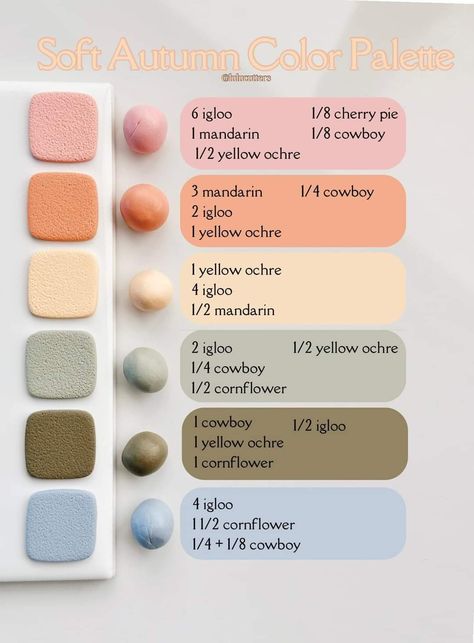 Fimo Recipe, 2024 Palette, Clay Mixing, Clay Recipes, Color Recipe, Polymer Clay Recipe, Clay Recipe, Soft Autumn Color Palette, Autumn Color Palette