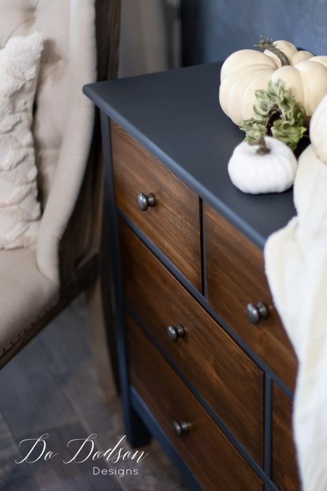 Dresser With Wood Drawers, Black Chest Of Drawers Bedroom, Black And Wood Dresser, Black Dresser Diy, Dresser Makeover Black, Black Painted Dresser, Wood Dresser Makeover, Black Painted Dressers, Wood Dressers Makeover