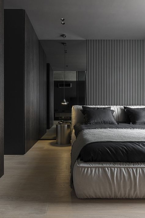 R4 Apartment: Big Style in Small Spaces Dark Bedroom Design, Dark Gray Bedroom, Minimal Apartment, Bedroom Design Trends, Small Apartment Interior, Dark Bedroom, Minimalist Apartment, Hotel Bedroom, Bedroom Renovation