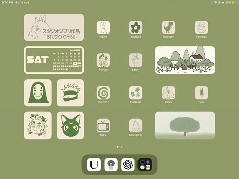 Ios Green Homescreen, Studio Ghibli Ipad Theme, Widgy Widget Ideas, Ipad Ios Layout Ideas, Studio Ghibli Ipad Layout, Totoro Ipad Wallpaper, Ghibli Ipad Homescreen, Ipad Homescreen Ideas Anime, Green Ipad Layout