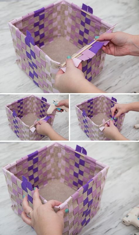 How To Easily Make Woven Felt Baskets ~ Perfect For Easter! Ribbon Basket, Easter Basket Crafts, Felted Basket, Felt Glue, Felt Basket, Become Beautiful, Diy Rope Basket, Easter Hat, Felt Squares