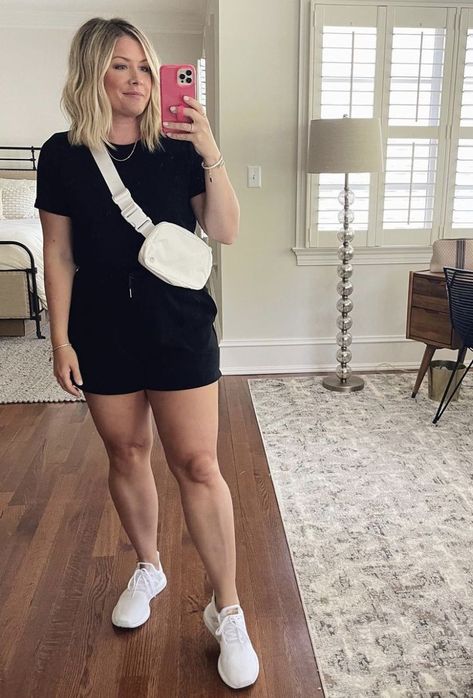 Black top and shorts paired with white sneakers and belt bag for running errands! I love this comfy, cute, sporty look for a casual outfit day. Click the photo for outfit details! #outfitinspo #casualstyle | thesmallthingsblog.com Short And Sneakers Outfit Summer, Outfit With Sneakers Summer, Shorts Tennis Shoes Outfit, Sporty Romper Outfit, Vacation Sneaker Outfits, Cute Summer Outfits With Sneakers, Casual Running Errands Outfit Summer, Casual Summer Sneaker Outfits, Athleisure Shorts Outfit