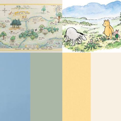 Soft Winnie The Pooh Nursery, Vintage Winnie The Pooh Color Scheme, Old Time Winnie The Pooh Nursery, Winnie The Pooh Palette, Nursery Ideas Color Palettes, Classic Pooh Color Palette, Nursery Room Winnie The Pooh, Vintage Winnie The Pooh Color Palette, Winnie The Pooh Color Pallet