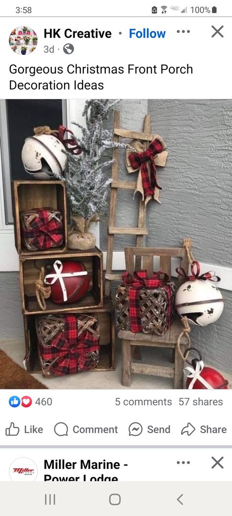 Porch Crate Decor, Christmas Crate Decor, Wooden Crate Porch Decor, Christmas Porch Decor With Crates, Wooden Crate Christmas Decor, Family Xmas Crate Gifts, Table Top Wood Christmas Crate, Wooden Christmas Presents Front Porches, Christmas Front Porch