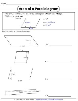 Area of Parallelograms Worksheet Area Of Trapezoid, Quadrilaterals Worksheet, Maths Project, Area And Perimeter Worksheets, Area Worksheets, 6th Grade Worksheets, Perimeter Worksheets, Triangle Worksheet, Math Practice Worksheets