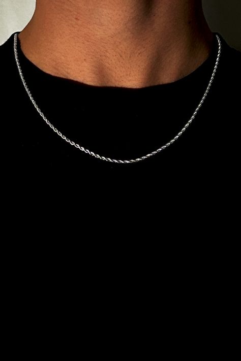 Shop the Twisted Rope 2mm Basic Chain for men. Fashion-forward, made of resilient Silver Stainless-Steel. Elevate your streetwear game with our collection. A must-have Hip-Hop jewelry piece, making a strong fashion statement. Check more such pieces in our Etsy shop. #Men'sFashion #HipHopJewelry #EdgyAccessory  #TwistedRopeChain #MetalJewelry #StreetwearAccessory #FashionStatement  #Trendsetter #StreetStyle  #Chic Men’s Chains, Silver Chain Men, Neck Chain For Men, Silver For Men, Chains Aesthetic, Trending Jewelry, Silver Chain For Men, Streetwear Accessories, Stainless Steel Accessories