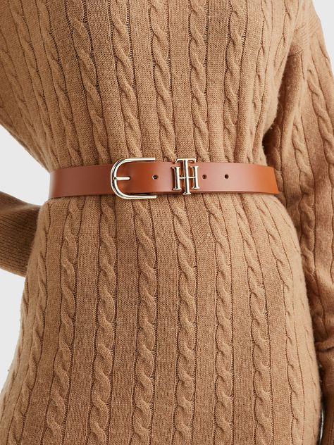 TH Monogram Keeper Leather Belt | BEIGE | Tommy Hilfiger Tommy Hilfiger Belt, Tan Belt, Women's Belts, Vegetable Tanned Leather, Metal Buckles, Leather Working, Belts For Women, Tan Leather, Leather Belt